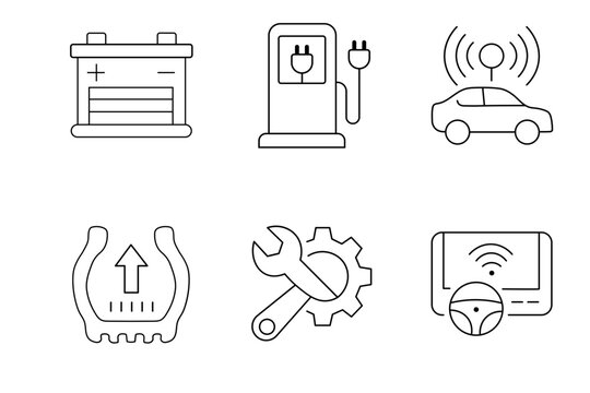 Set of simple linear icons representing various automotive maintenance and modern electric vehicle technology concepts for car service