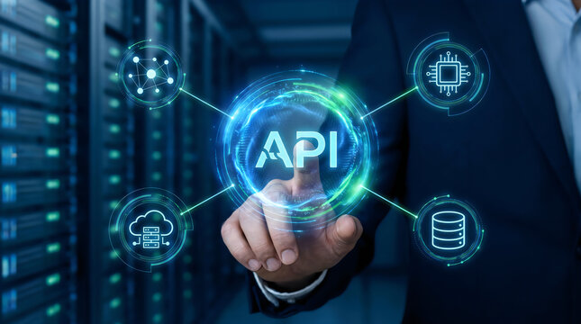 Executive hand pressing glowing API hologram button for cloud software integration
