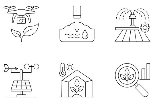 Set of thin line icons representing modern smart farming agriculture technology and digital monitoring tools for sustainable crop management