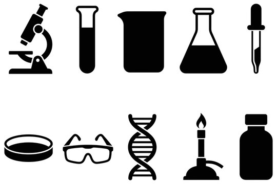 Set of black silhouette icons representing various laboratory equipment and scientific research tools for chemistry and biology experiments