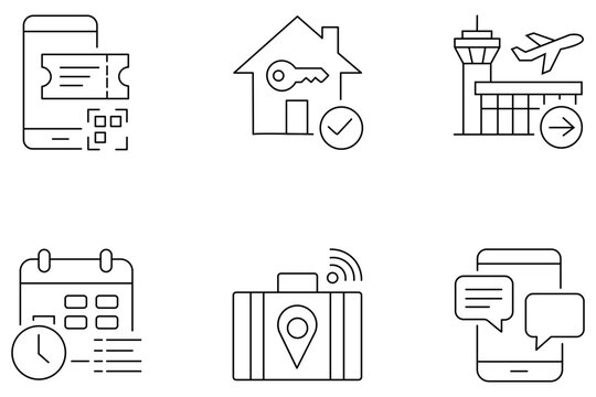 A set of linear travel and tourism icons representing digital booking accommodation airport logistics and mobile communication services