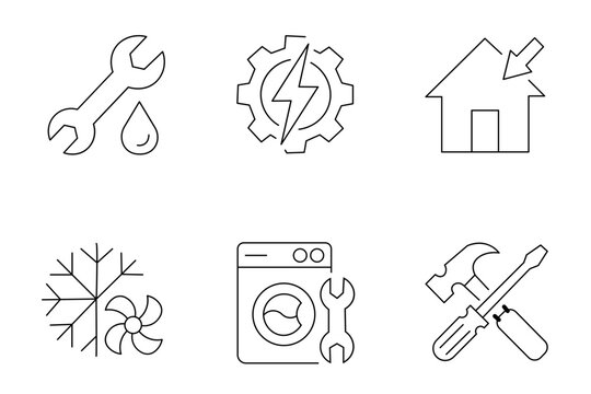 Set of simple linear icons representing various home maintenance and professional repair services for residential and commercial buildings