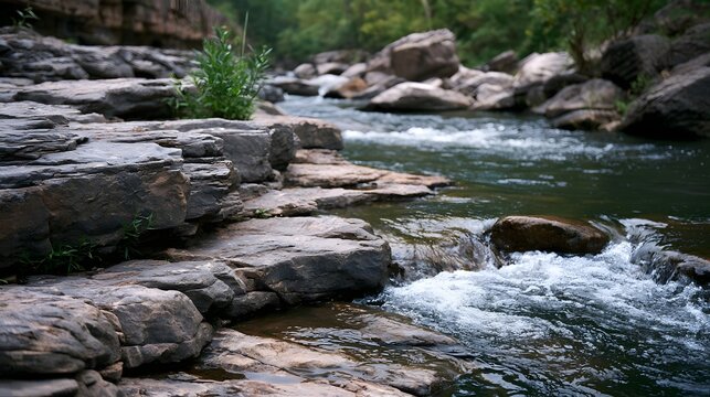 A serene stream flows over layered rocks surrounded by lush greenery and natural textures