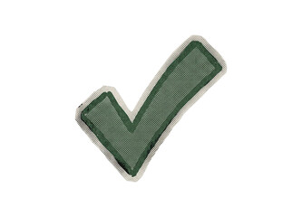 Green checkmark symbol with halftone dot pattern and distressed, sticker-like edge © creatfive