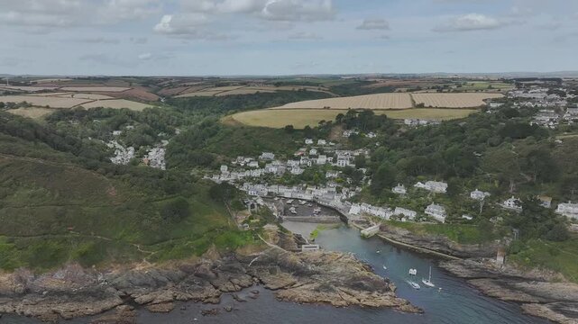 Polperro Harbour and Village from a drone, Polperro, Looe, Cornwall, England