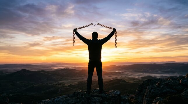 Man breaking chains at sunrise, symbolizing freedom and overcoming challenges