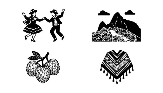 Set of icons representing peruvian culture, including traditional dance, machu picchu, chirimoya fruit, and a poncho