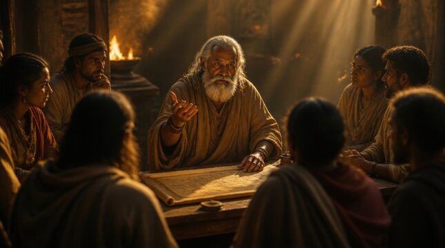 Wise Elder Teaching Group of People Around Ancient Table in Dim Lit Cave