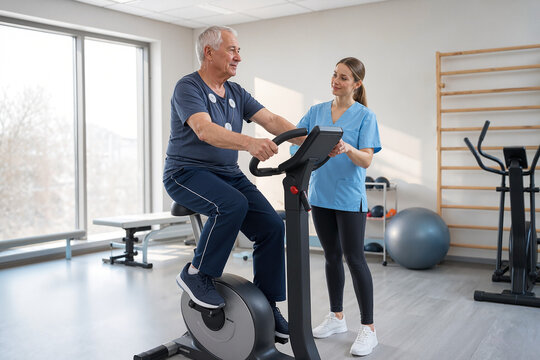 Elderly man exercising on stationary bike with trainer in fitness studio. Senior man pedals stationary bike while female trainer offers guidance in modern gym environment.