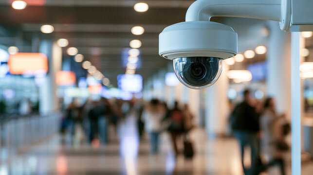 A security surveillance camera monitors a blurred airport terminal crowd. Ideal for travel safety and privacy.