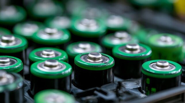Close up of numerous green and black cylindrical batteries arranged neatly in rows on a dark surface