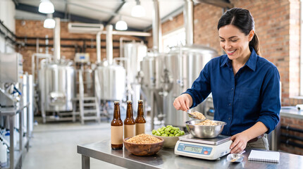 Fototapeta premium A woman prepares to make beer in a brewery. She measures grains using a scale. Bottles are on the table and equipment is in the background. It is daytime in the brewery