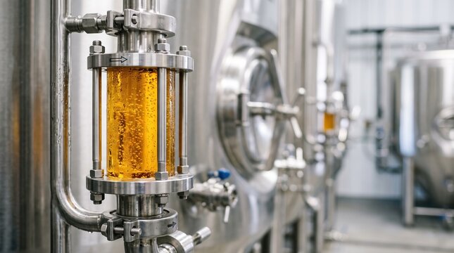 Workers are brewing beer in a craft brewery. The bright orange liquid is visible through a clear tank. Steel tanks and brewing equipment surround the area