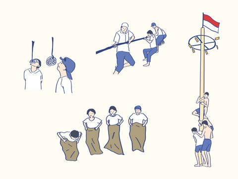 Hand Drawn Indonesia Independence Day Traditional Games Set with Sack Race, Tug of War, Cracker Eating Contest and Panjat Pinang Celebration