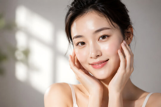 Portrait of a smiling asian woman with clear skin, holding both hands to her face, illuminated by soft sunlight against a plain grey background