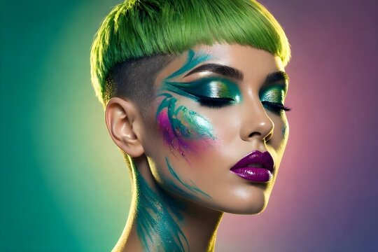 donna con make-up colorato fluo alla moda vivace