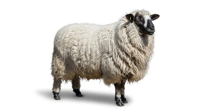 Wooly sheep standing isolated white background farm animal