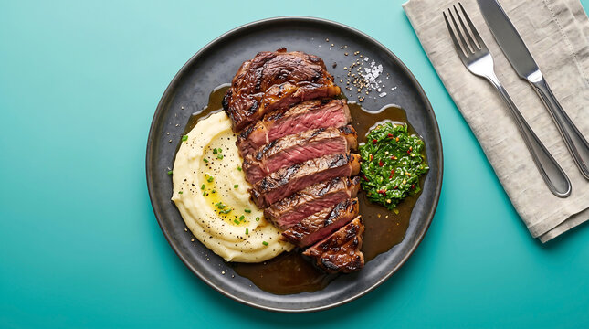 Juicy grilled beef steak slices served with creamy mashed potatoes
