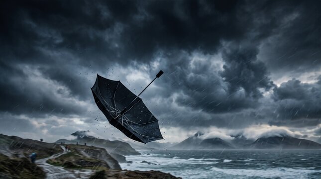 Black Umbrella Blown by Wind on Stormy Coast