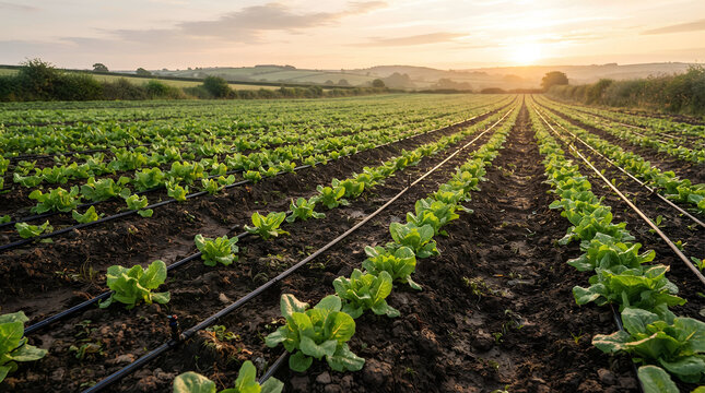 Lettuce field with drip irrigation at sunrise, sustainable farming.