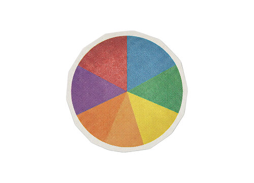Colorful pie chart with six segments in red, blue, green, yellow, orange, and purple, halftone texture, cut-out edge