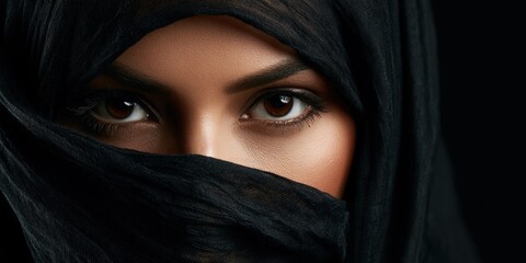 Naklejka premium Womans eyes partially covered by black veil against dark background
