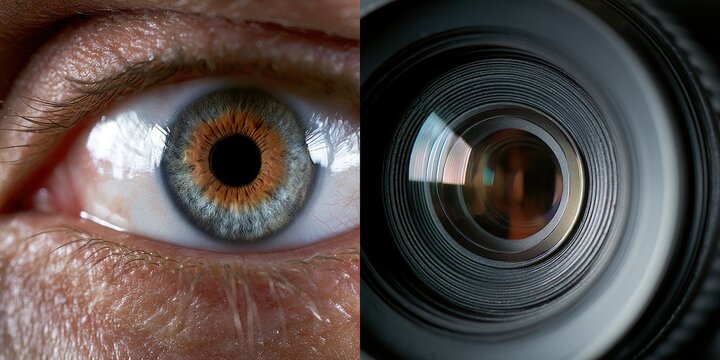 Close up of human eye and camera lens capturing vision and photography concepts
