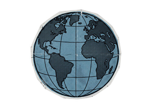 Blue distressed globe illustration with halftone continents and grid lines, isolated on a transparent background