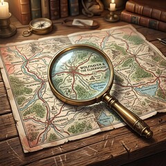 Fototapeta premium Vintage Map and Magnifying Glass Adventure Exploration and Discovery on Wooden Table