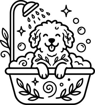 Happy dog taking a bubbly bath with leaves and sparkles, line art illustration