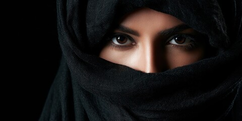 Naklejka premium Womans eyes visible behind black headscarf dramatic portrait on dark background