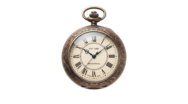 Vintage bronze pocket watch with roman numerals. Antique mechanical timepiece on white background. Classic brass clock for history concepts.