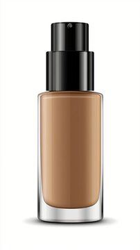 Sleek glass bottle of liquid foundation makeup in a warm tan shade, featuring a black pump dispenser top, perfect for achieving flawless skin coverage.
