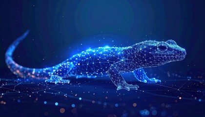 Digital blue wireframe lizard on glowing mesh background.