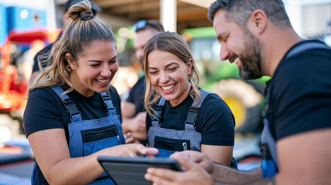 A multicultural group of trampoline park workers take an outdoor break reviewing no till farming equipment maintenance guides together, the team gathered around a shared tablet in natural light, cap