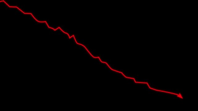 Chart arrow still goes down seamless loop. Red and black. Graph falling down fast. Business cartoon animation on transparent background