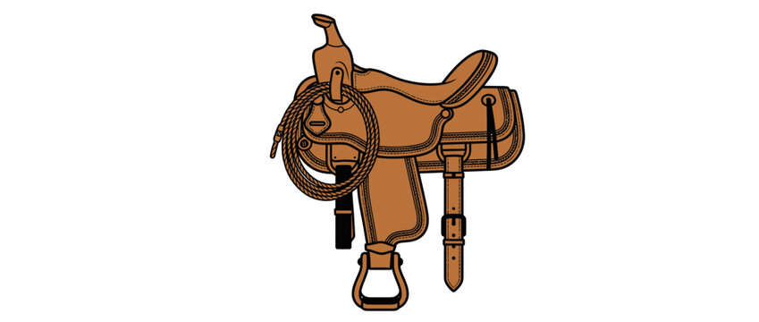 Western saddle with rope, isolated on white background