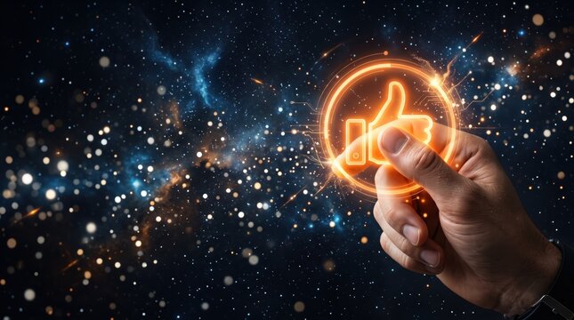 Human hand pressing glowing orange like button icon in outer space, social media approval and positive feedback with cosmic galaxy stars representing digital interaction