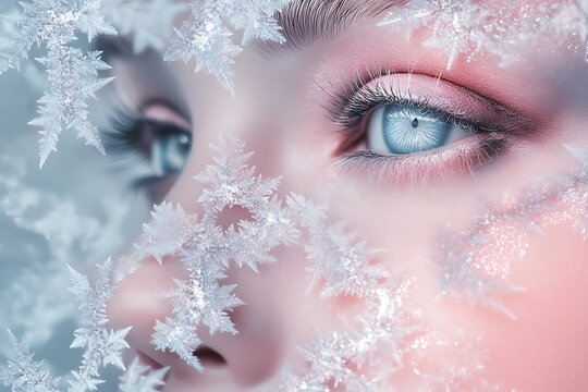Close up of a woman's blue eyes surrounded by delicate frosty ice crystals with frost patterns framing woman face icy framing her