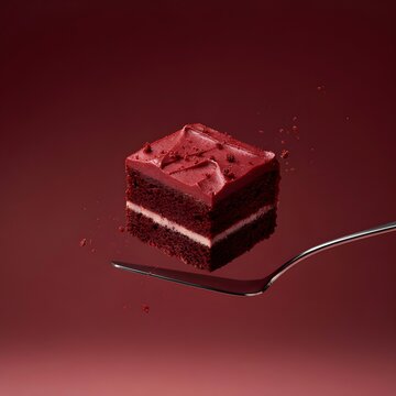 Red Velvet Cake Slice Floating on Silver Fork Over Dark Crimson Background Gourmet Dessert Photography