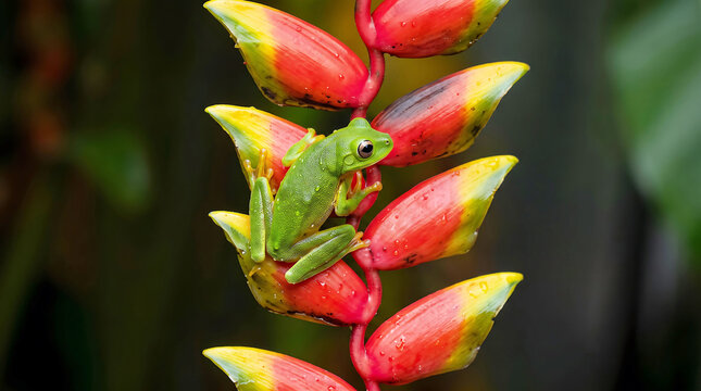Green tree frog perched on a vibrant red heliconia flower in tropical rainforest