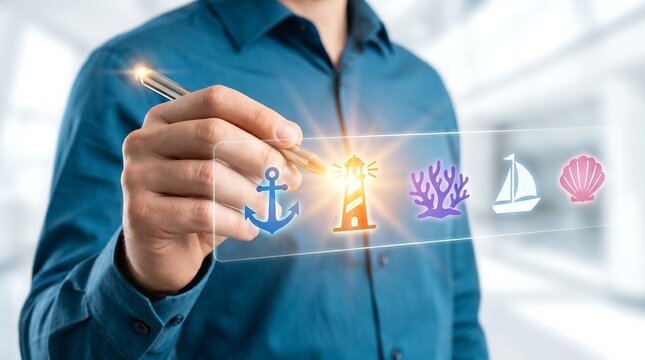 Business professional selecting nautical and marine themed icons on holographic interface for maritime logistics and travel industry concept