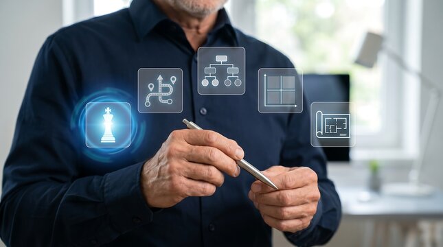 Business strategist using a digital interface to plan corporate decision making and organizational chess game moves