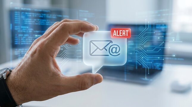Business professional holding a transparent holographic email icon with an alert notification in a digital communication office environment
