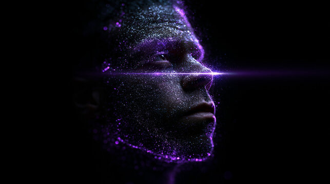 Futuristic AI Facial Recognition with Glowing Data Particles and Laser Scan