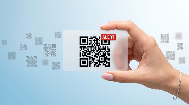 Hand holding transparent card with black QR code and red alert notification icon for digital security and scanning warning concept
