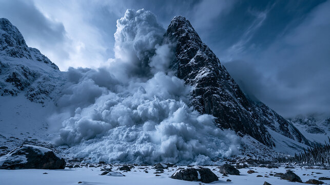 Massive Avalanche Crashing Down Steep Rocky Mountain Peak