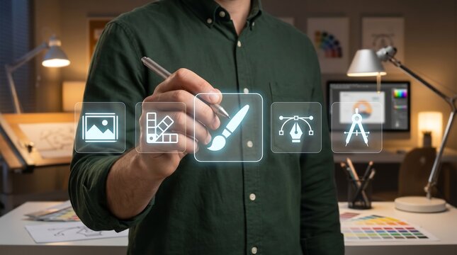 Designer using digital stylus to select graphic design and creative tools icons for professional digital illustration and workflow