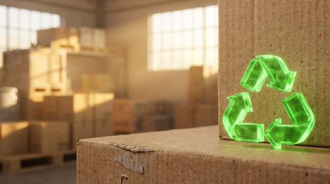 3D Glowing Recycle Symbol on Cardboard Blurred Warehouse