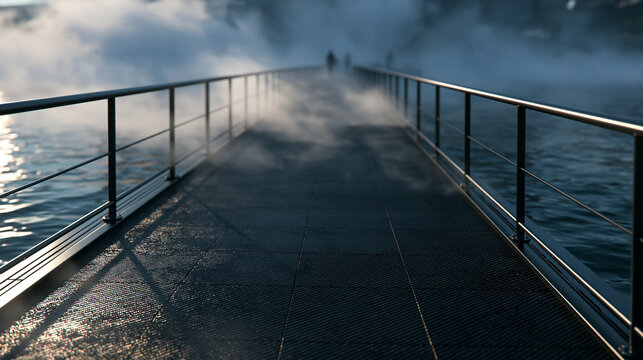 Misty Metal Pier Extending Into Foggy Water